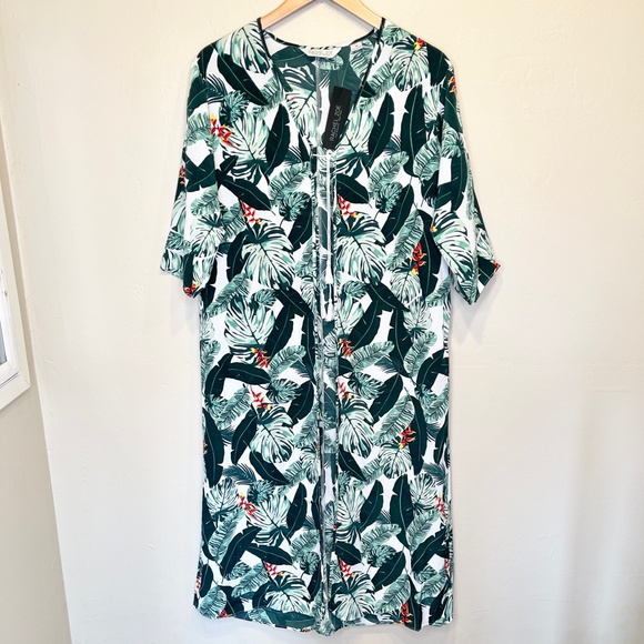 Rachel Zoe NWT Tropical Banana Leaf Pattern Open Front Semi Sheer Duster Kimono - Picture 7 of 16